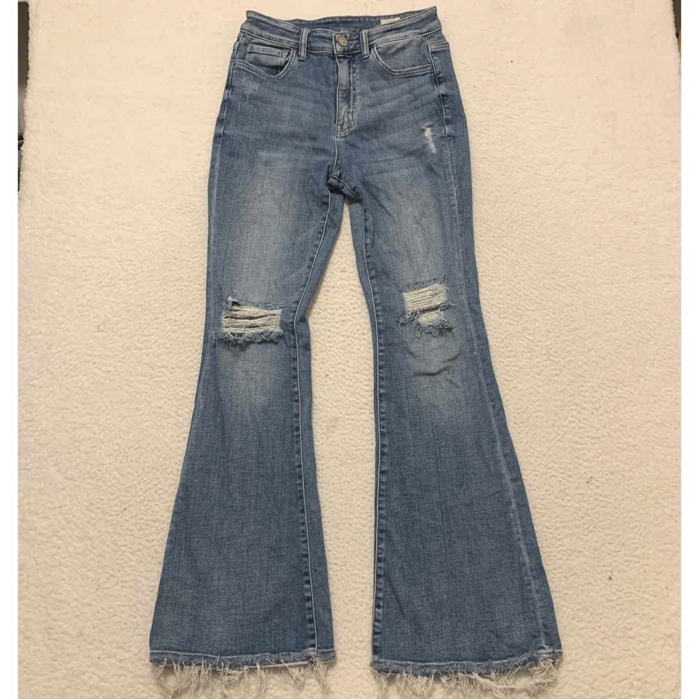 Bridge by GLY Hi Rise Flare Jeans 28 (FITS 27x32) Distressed Raw Hem Blue Denim